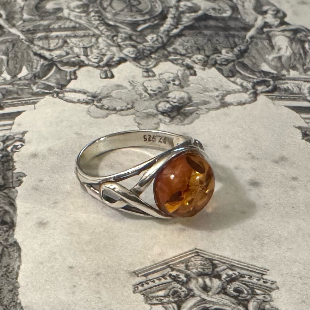 Sterling Silver Amber Ring, Size 6 1/2.